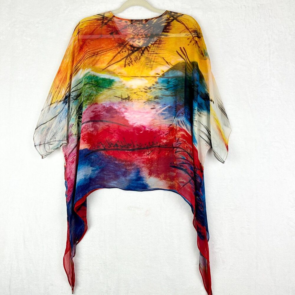 Cocoon House Silk Sheer Poncho Topper Small/Medium Art To Wear Colorful Abstract - Picture 2 of 5